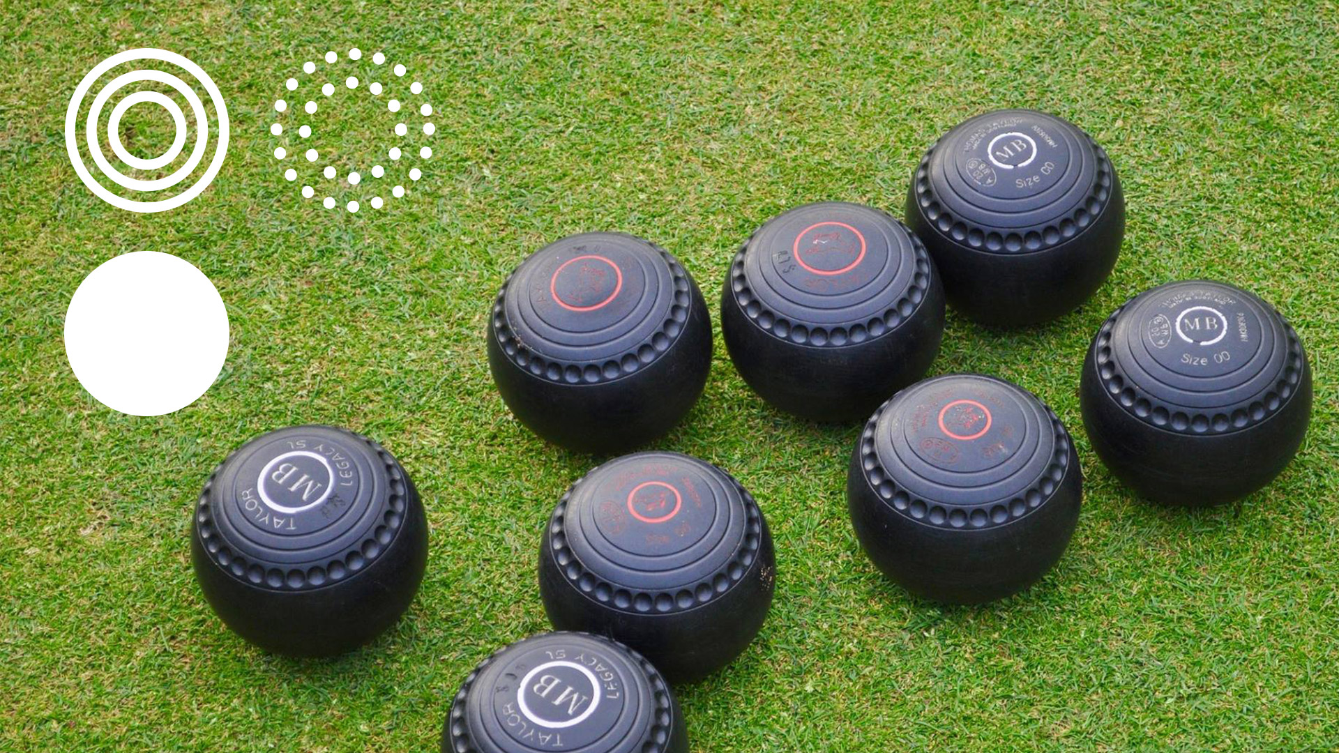 Photograph of lawn bowls against grass with bowls icons overlayed in white