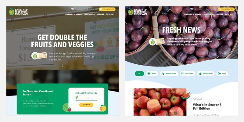 This example from Double Up Food Bucks shows the importance of consistency in branding as a nonprofit website best practice.