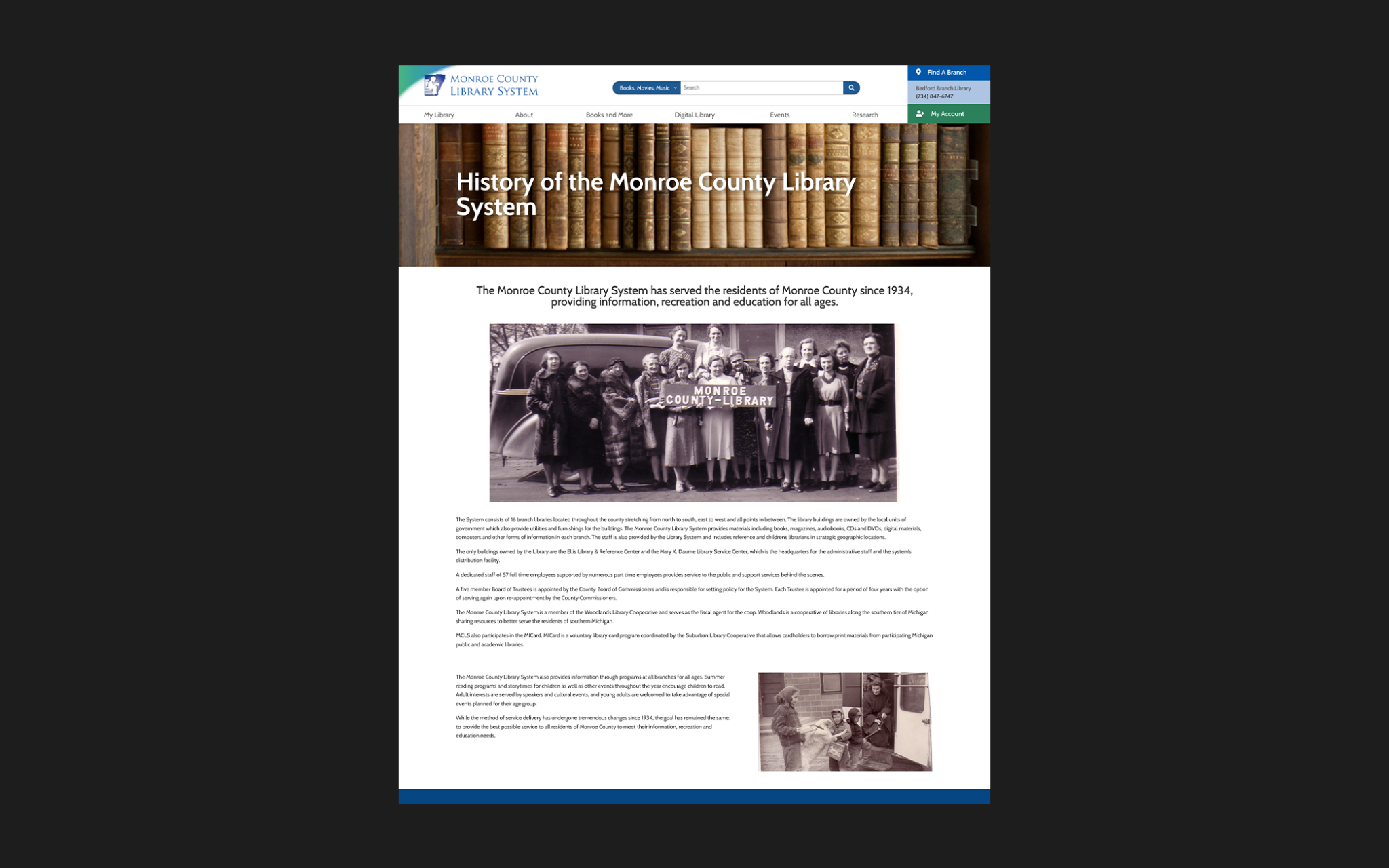 The Monroe County Library System’s website, a nonprofit web design project by Boxcar Studio.