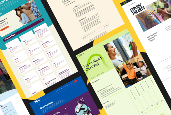 A collection of nonprofit website designs on a black and yellow background.