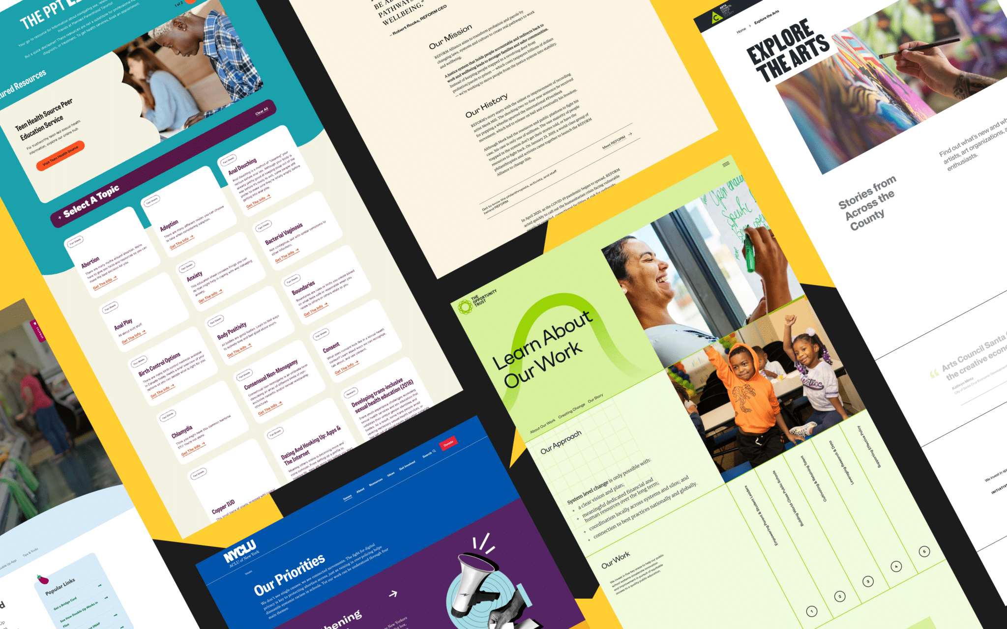 A collection of nonprofit website designs on a black and yellow background.