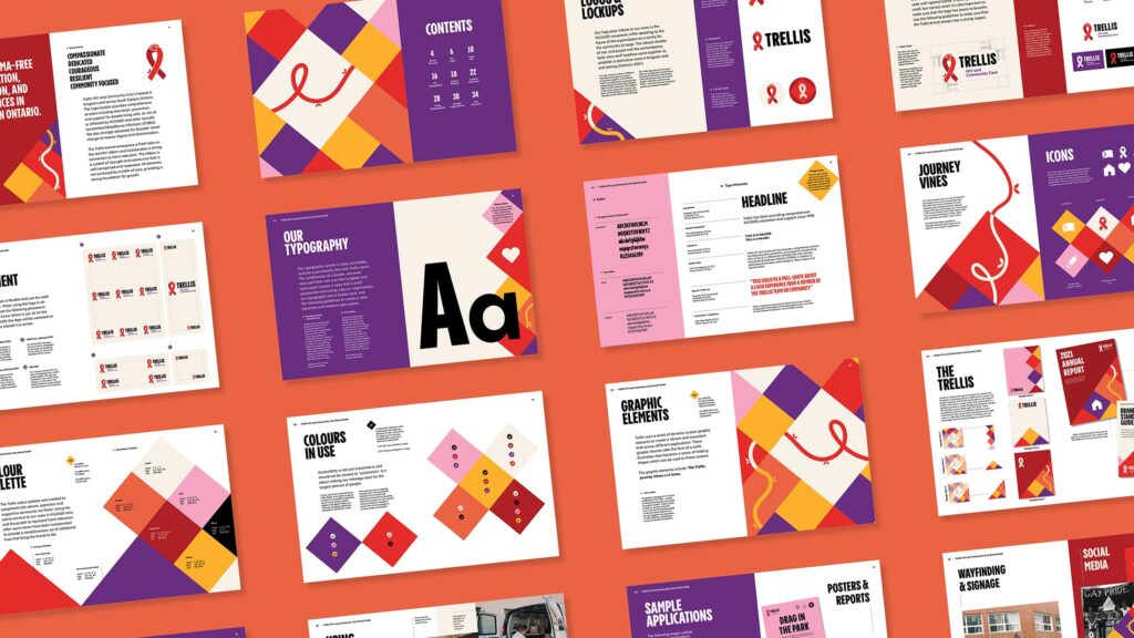 An example of a brand guide, showing finalized logo, accessible colour palettes, typography systems, iconography and other graphic elements.