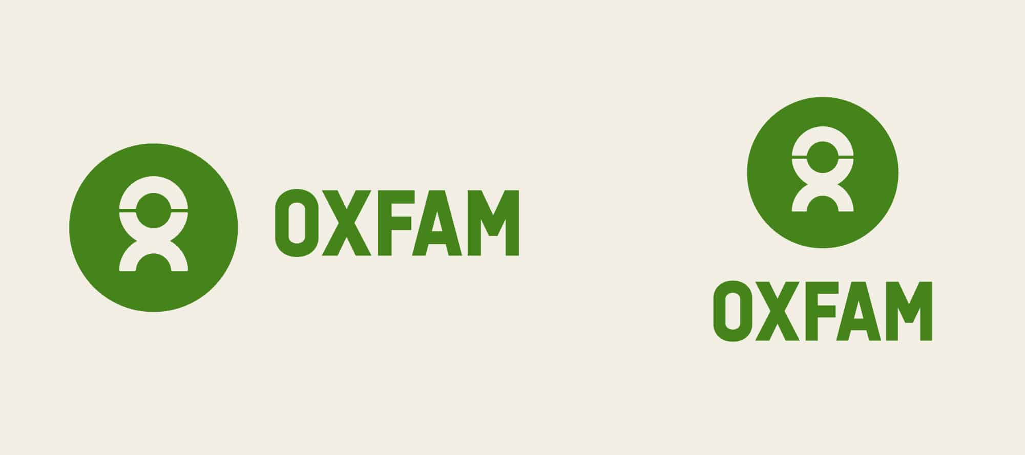 Two versions of Oxfam’s nonprofit logo side by side: horizontal green and vertical green.