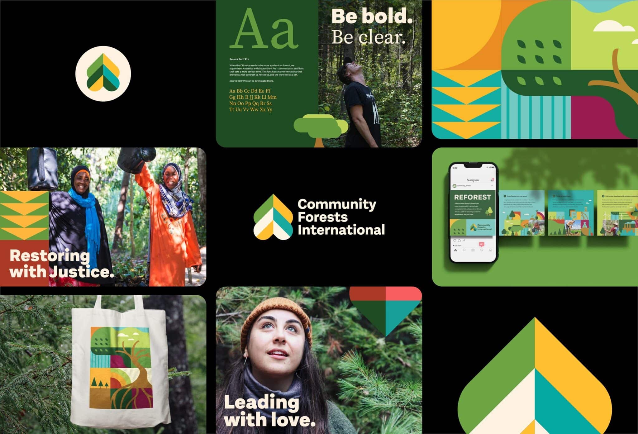 A series of images that highlight a brand for Community Forests International.