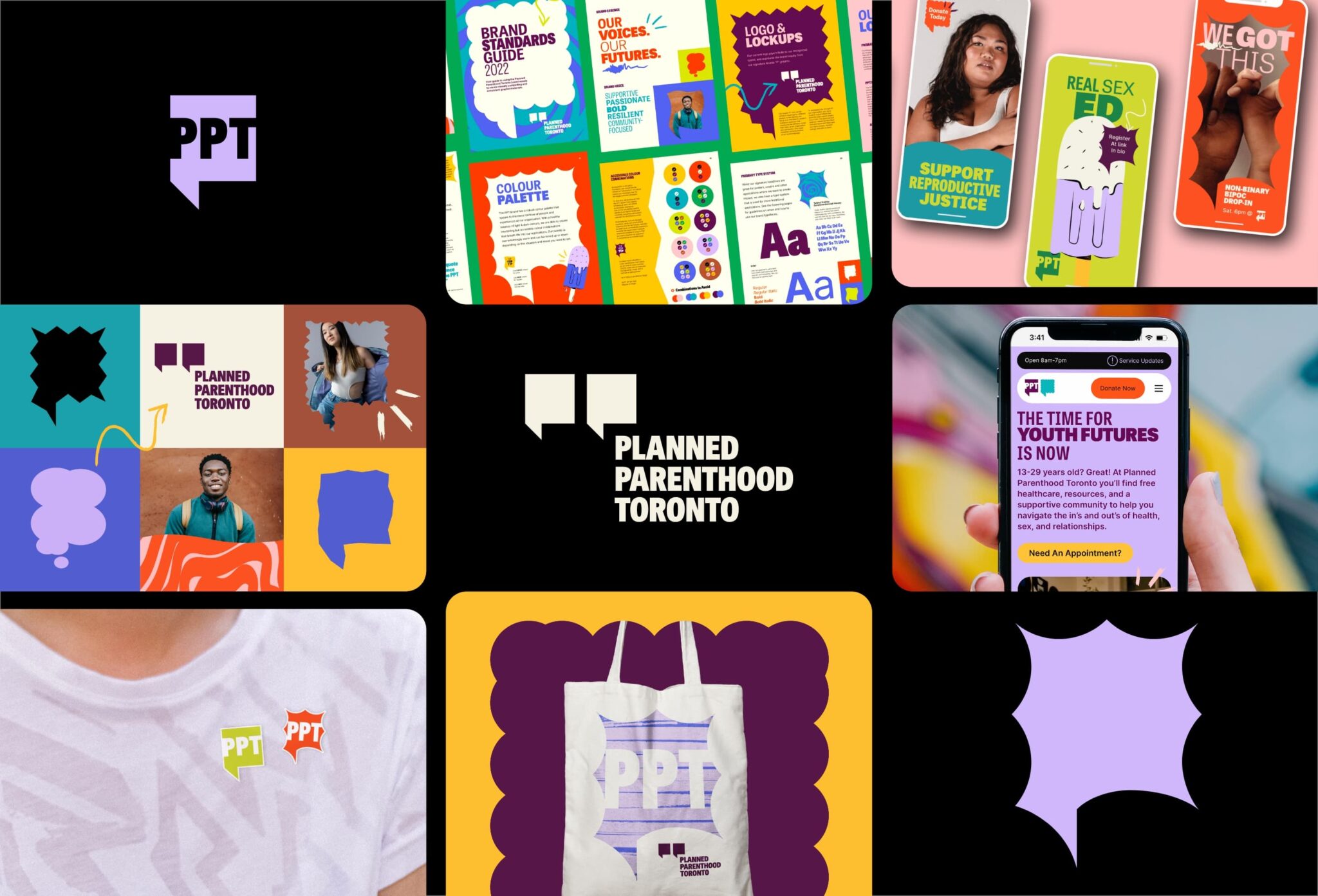 A series of images that highlight a brand update for Planned Parenthood Toronto.